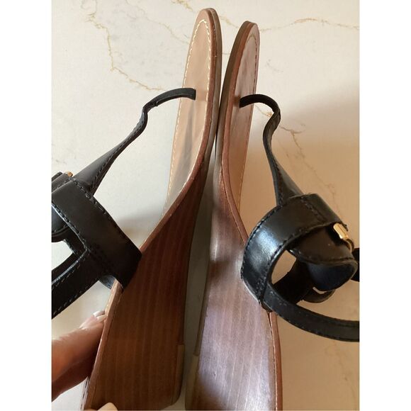 Tory Burch Black Leather Thong Sandal Sz 7.5 Wedge Heel - Picture 5 of 8